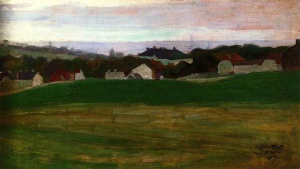 Meadow With Village In Background Ii by Egon Schiele