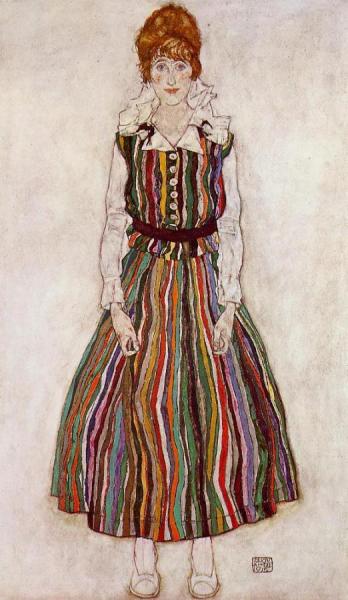 Portrait Of Edith Schiele In A Striped Dress by Egon Schiele