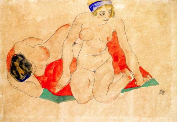 Reclining And Seated Female Nudes On A Red And Green Cloth by Egon Schiele