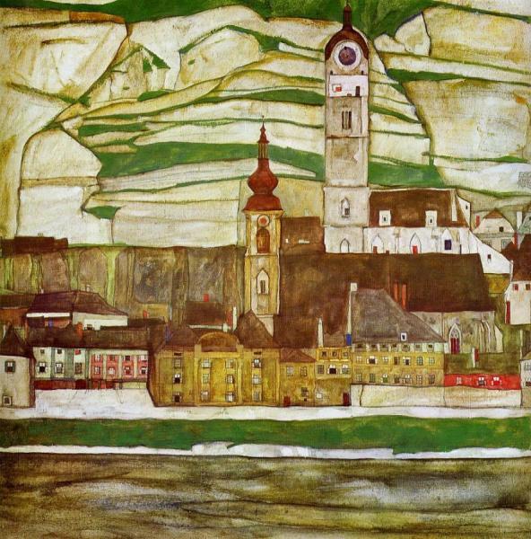 Stein On The Danube With Terraced Vineyards by Egon Schiele