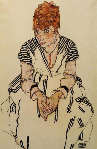 The Artist's Sister-in-law In A Striped Dress, Seated by Egon Schiele Oil Painting Reproductions