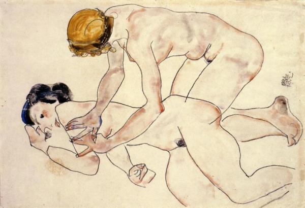 Two Female Nudes, One Reclining, One Kneeling by Egon Schiele