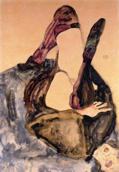 Woman With Raised Leg And Purple Tights by Egon Schiele