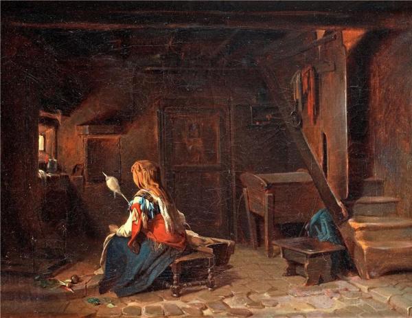 Interior With Italian Woman At The Spinningwheel by Egron Sillif Lundgren