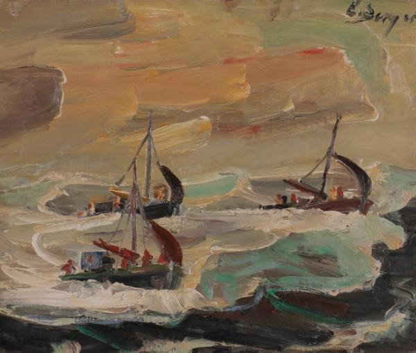 Fishing Boats In Rough Sea by Einar Halvdan Berger Oil Painting Reproductions