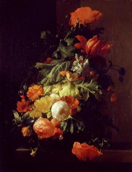 A Vase Of Flowers On A Stone Slab by Elias Van Den Broeck