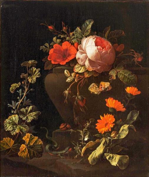 Flowers Near A Balustrade by Elias Van Den Broeck