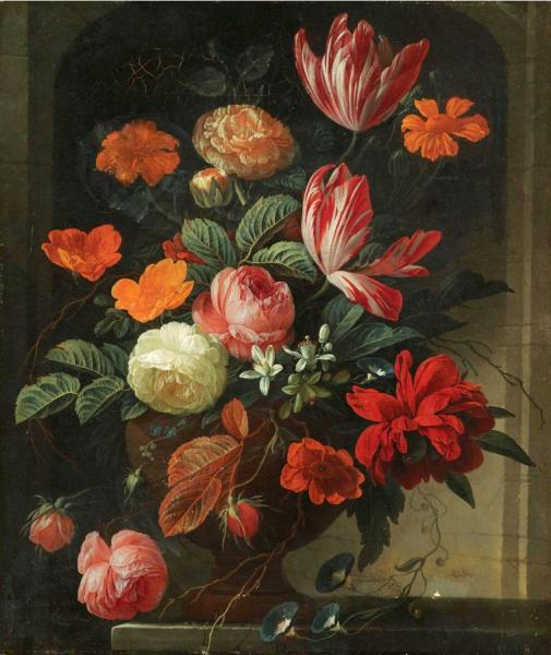 Still Life With Flowers In An Urn On A Stone Ledge by Elias Van Den Broeck