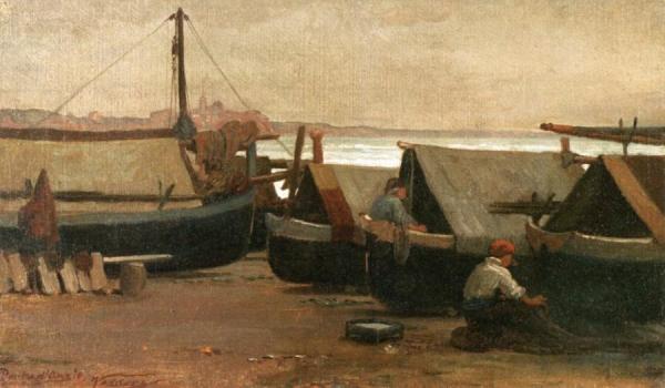 Men At Boat Dock by Elihu Vedder