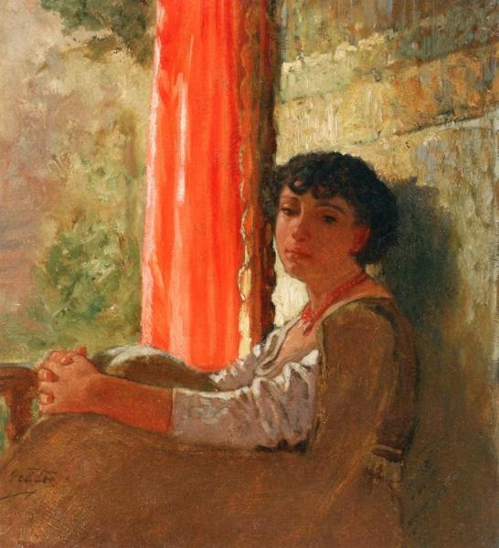 Seated Girl With A Red Curtain by Elihu Vedder