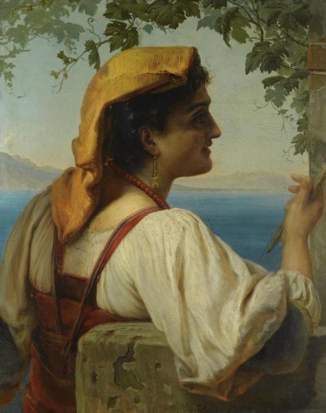 An Italian Maiden Mending Nets On The Bay Of Naples by Elisabeth Baumann