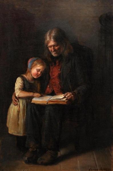 Interior With An Elderly Man Who Reads Aloud To A Girl by Elisabeth Baumann