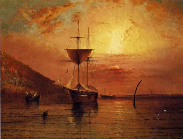 Ships In Calm Water At Sunset by Elisha Taylor Baker