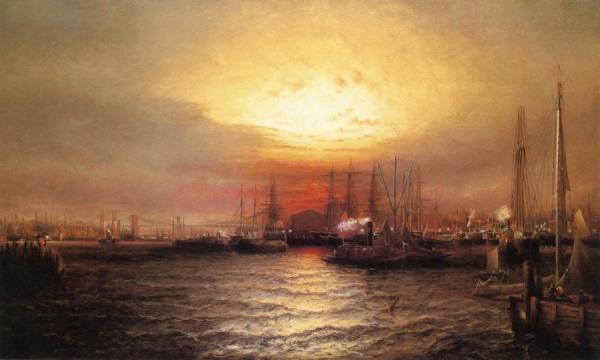 Sunrise From Chapman Dock And Old Brooklyn Navy Yard, East River, New York by Elisha Taylor Baker