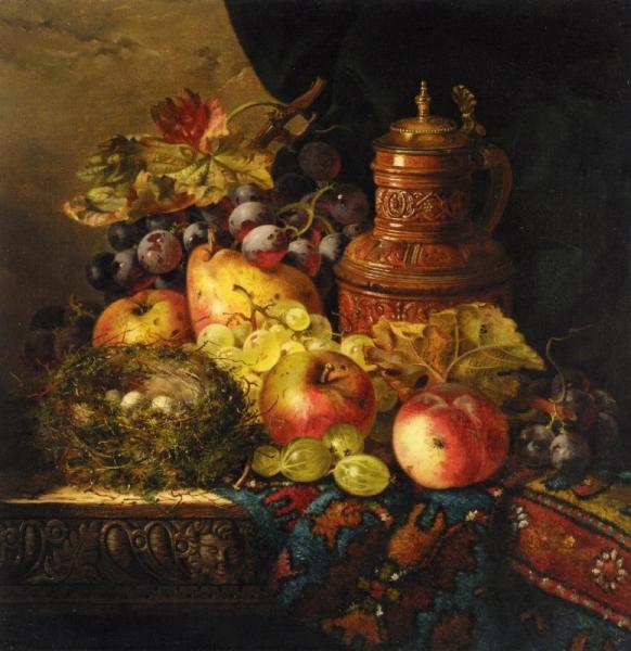 Still Life With Pears, Apples And Grapes, A Bird's Nest And A Jug by Ellen Ladell