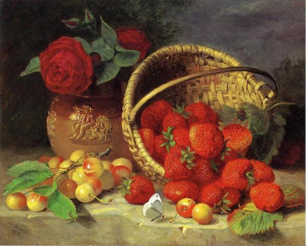 A Basket Of Strawberries, Cherries, A Butterfly And Red Roses In A Vase On A Stone Ledge by Eloise Harriet Stannard Oil Painting Reproductions