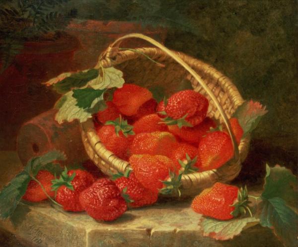 A Basket Of Strawberries On A Stone Ledge by Eloise Harriet Stannard