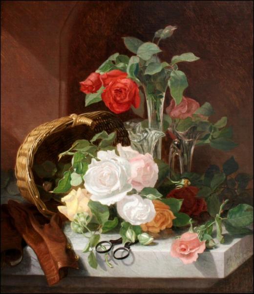 A Still Life Of Flowers In A Glass Epergne On A Marble Ledge by Eloise Harriet Stannard