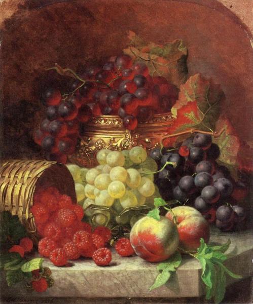 Black Grapes In A Gilt Bowl, Black And White Grapes In A Crystal Bowl, Peaches,raspberries In A Wicker Basket And A Wasp On A Marble Ledge by Eloise Harriet Stannard