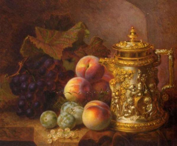 Black Grapes, Peaches, Greengages And Whitecurrants Beside An Ornamental Gilded Tankard by Eloise Harriet Stannard Oil Painting Reproductions