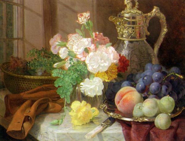 Carnations In A Glass Vase On A Draped Marble Ledge by Eloise Harriet Stannard Oil Painting Reproductions
