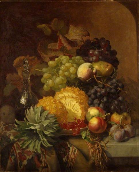 Fruit: Grapes, Peaches, Plums And Pineapple With A Carafe Of Red Wine by Eloise Harriet Stannard