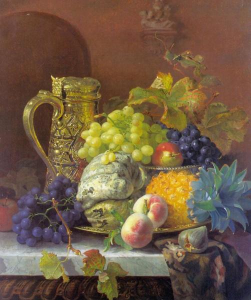Fruits On A Tray With A Silver Flagon On A Marble Ledge by Eloise Harriet Stannard