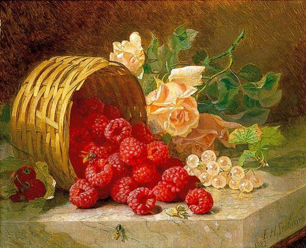 Overturned Basket With Raspberries, White Currants And Roses by Eloise Harriet Stannard Oil Painting Reproductions