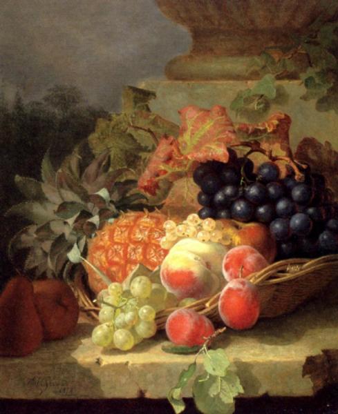 Peaches, Grapes And A Pineapple In A Basket, On A Stone Ledge by Eloise Harriet Stannard