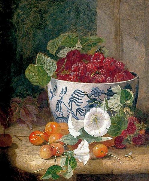 Still Life Of Raspberries In A Willow Pattern Bowl, With Cherries And Bindweed by Eloise Harriet Stannard Oil Painting Reproductions