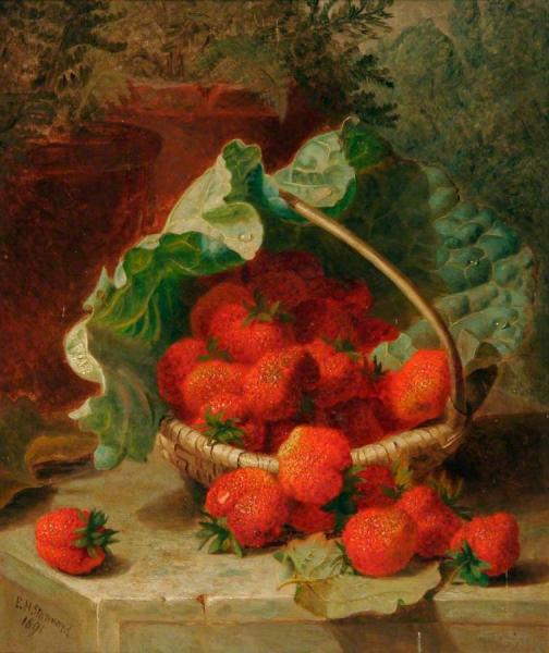 Still Life Of Strawberries On A Cabbage Leaf In A Basket by Eloise Harriet Stannard