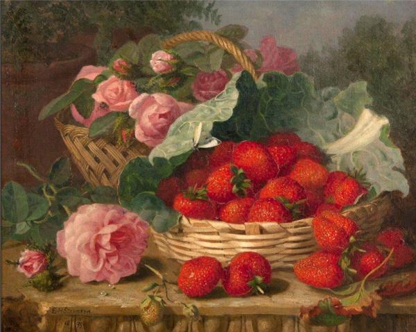 Still Life Of Strawberries, Roses, Cabbage Leaf And Butterfly On A Limestone Ledge by Eloise Harriet Stannard Oil Painting Reproductions