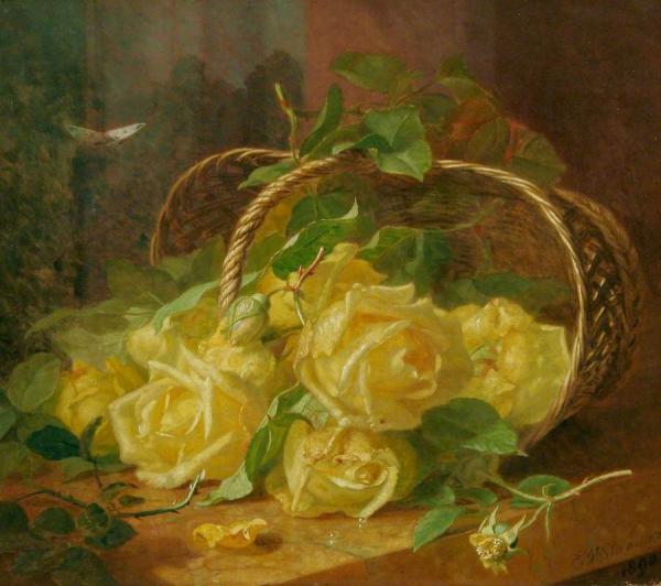 Still Life Of Yellow Roses In An Upturned Basket by Eloise Harriet Stannard Oil Painting Reproductions
