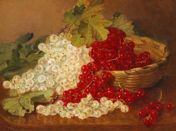 Still Life Red And White Currants With A Wicker Basket by Eloise Harriet Stannard
