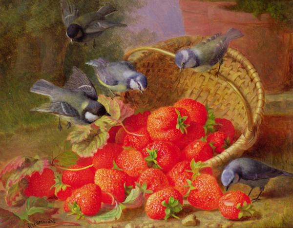 Still Life, Strawberries And Bluetits by Eloise Harriet Stannard