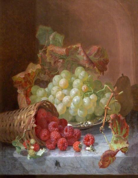 Still Life With Grapes And With Raspberries Spilling Out Of A Basket by Eloise Harriet Stannard