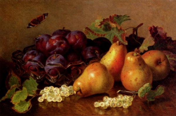 Still Life With Pears, Plums In A Glass Bowl And White Currants On A Table by Eloise Harriet Stannard