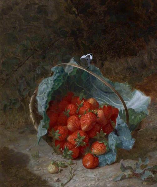 Still Life With Strawberries In A Cabbage Leaf In A Basket by Eloise Harriet Stannard