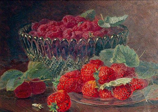 Strawberries And Raspberries In A Glass Bowl by Eloise Harriet Stannard