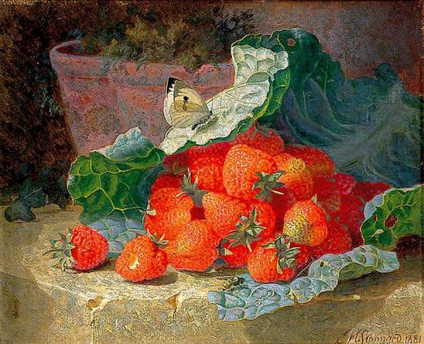 Strawberries In A Cabbage Leaf On A Table With A Flower Pot Behind by Eloise Harriet Stannard