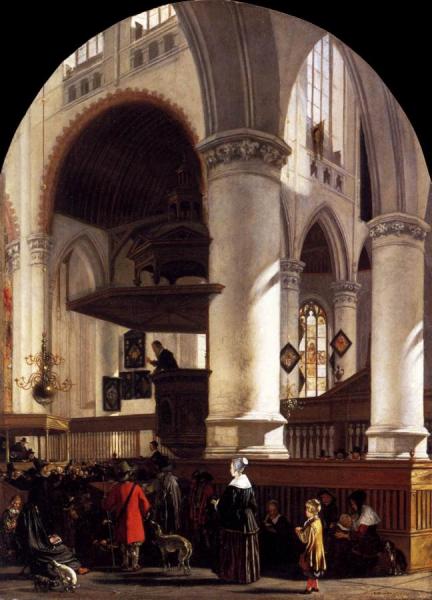 Interior Of The Oude Kerk At Delft During A Sermon by Emanuel De Witte