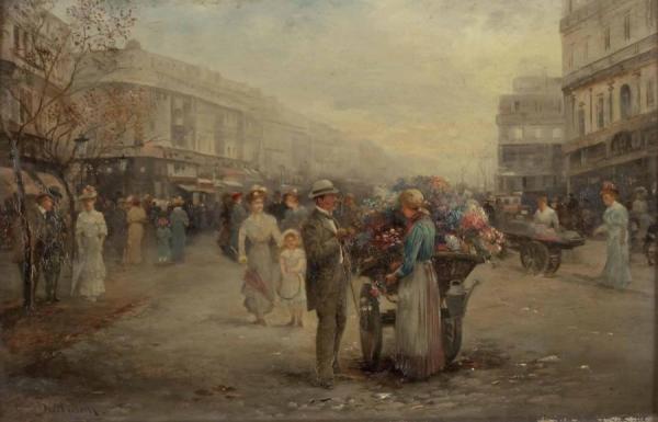 Vienna Street Scene With Flower Seller by Emil Barbarini
