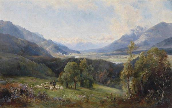 View Of A Valley, A Flock Of Sheep In The Foreground by Emil Barbarini