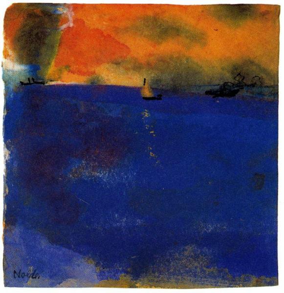 Blue Sea, Sailboat And Two Steamships by Emil Nolde