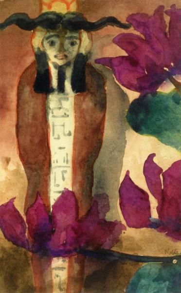 Egyptian Figure And Violet Red Blossoms by Emil Nolde