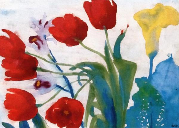 Flowers - Watercolor With Red Tulips by Emil Nolde