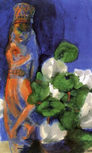 Indian Wooden Statuette And White Cyclamen by Emil Nolde