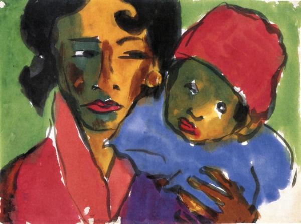 Mother With Child On Her Arm (red Dress, Red Hat) by Emil Nolde