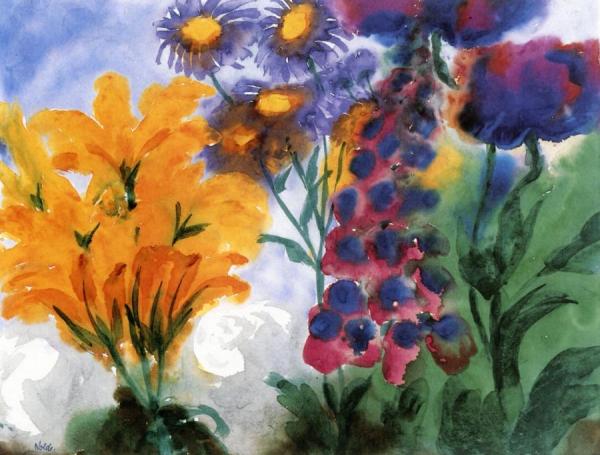 Orange And Violet Blossoms And Red Foxgloves by Emil Nolde