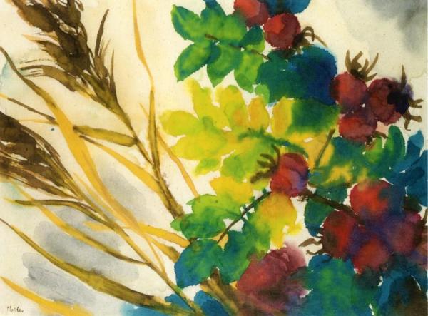 Red Hawthorns With Green And Yellow Leaves And Brown Grass by Emil Nolde